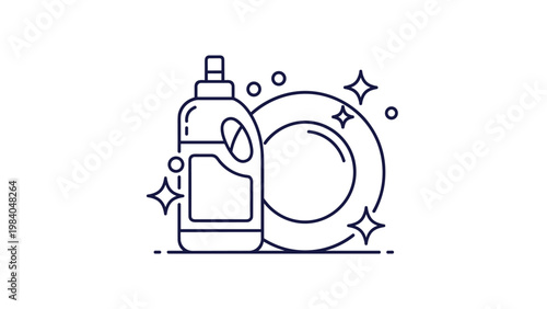 Dishwashing liquid bottle and clean plate illustration with sparkles representing cleanliness and household hygiene tasks.