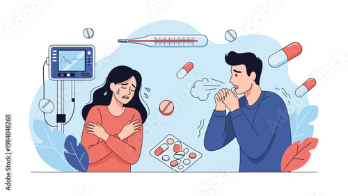 Sick people suffering from flu and cold symptoms surrounded by medical icons like thermometers, pills, and monitors.