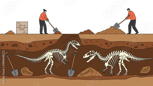 Paleontology excavation scene showing researchers digging for dinosaur skeletons in different layers of the underground soil.