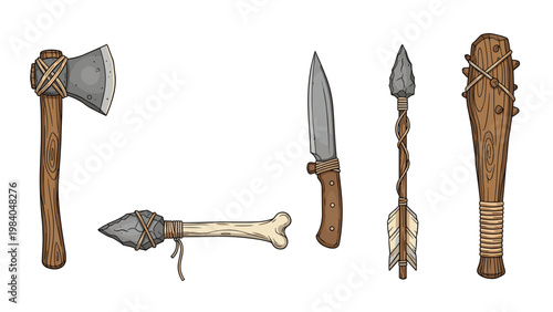 Stone age tools and weapons collection featuring hand axes, bone spears, stone knives, and primitive wooden clubs.