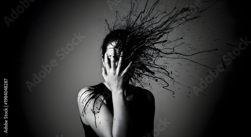 Woman experiencing sensory overload and mental distress. Psychological trauma and isolation. Person covering face with black ink explosion depicting fear and anxiety