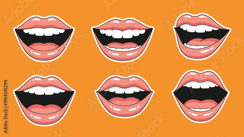 Cartoon mouth expressions with white teeth and pink lips showing various emotions on a bright orange background.