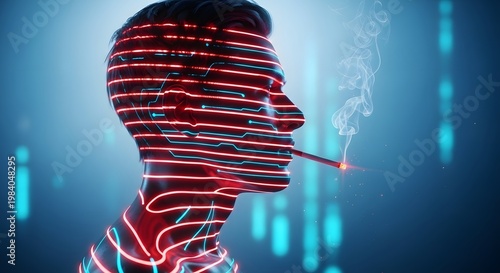 Digital human health and electronic addiction concept. Technology impact and smoking habit. Glowing circuit lines on a man profile smoking a cigarette in a dark blue environment