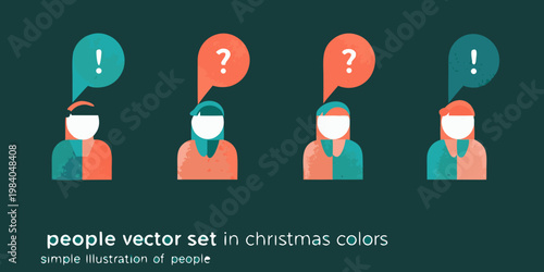 Four faceless people with speech bubbles displaying question and exclamation marks