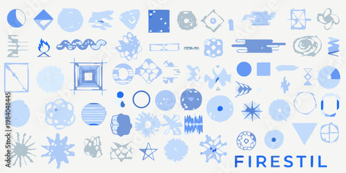 Abstract arrangement of various blue shapes and doodles on a light background