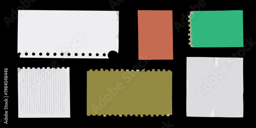 Assorted colored and textured paper pieces arranged on a black background