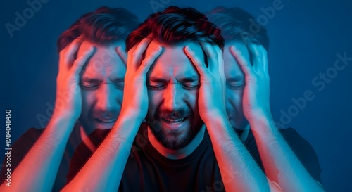 Multi exposure of man with severe migraine and dizziness. Mental confusion and vertigo. Stressed male holding head with blurred motion effect showing panic and disorientation