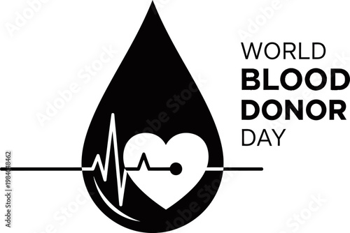 Minimalist vector illustration for World Blood Donor Day featuring a black drop with heart and heartbeat line graphic