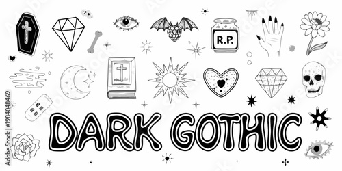A collection of dark gothic illustrations and spooky hand drawn elements