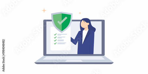 Digital security concept featuring a woman and a shield on a laptop