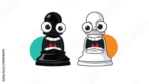 Angry black and white chess pawns with expressive faces and open mouths are depicted in a humorous cartoon style illustration.