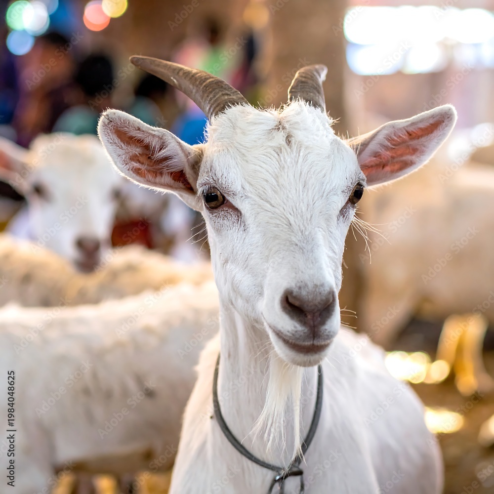 Obraz premium White goat close up, looking directly at the viewer, other goats blurred