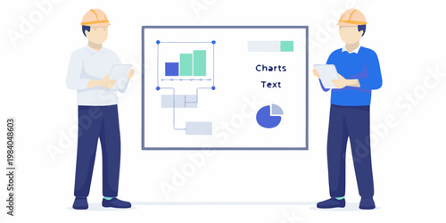 Two construction workers discussing charts and data on a whiteboard