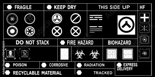 Collection of black and white shipping and hazard warning symbols