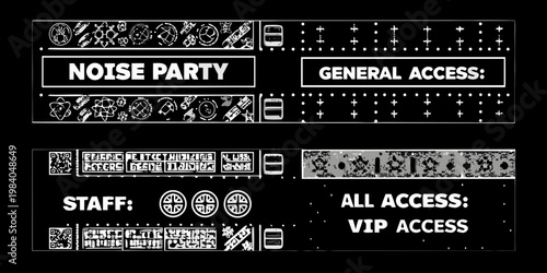 Black and white image displaying security or access badges and glitch effects