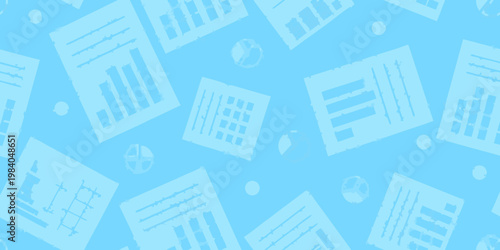 Pale blue background featuring scattered graphs documents and calculator icons