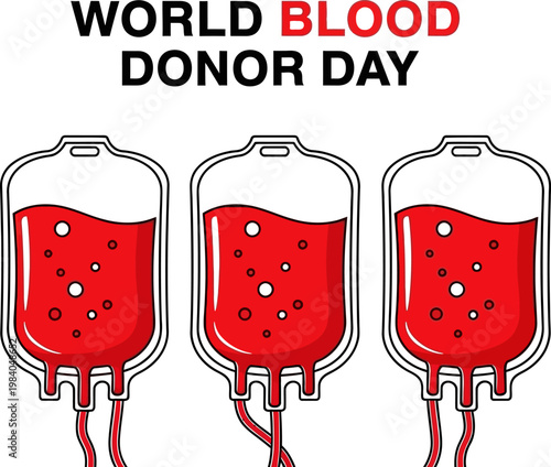 World Blood Donor Day Vector Illustration Featuring Three Red Blood Bags With Bubbles On A White Background