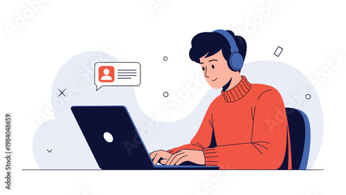 Young man wearing headphones sits at a desk while working on a laptop computer with a notification bubble appearing nearby.