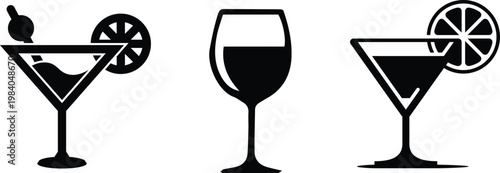 Cocktails set. Alcoholic cocktails icons. Martini cocktail. Set includes martini, mojito, whiskey, wine. Drink glass sign. Icons set for restaurant, pub, bar. Vector illustration