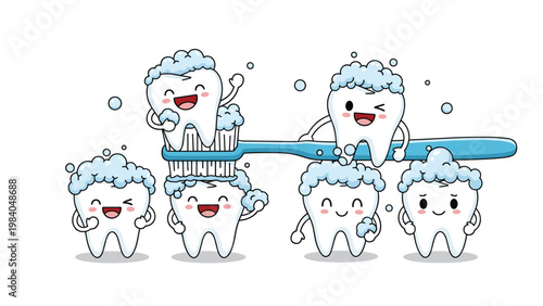 Group of happy anthropomorphic teeth characters are using a giant blue toothbrush to clean themselves with white soapy bubbles.