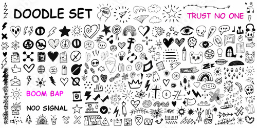 Collection of hand drawn doodle elements and playful graphic designs