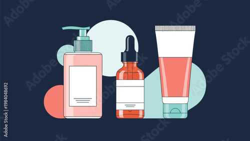 Set of skincare and cosmetic beauty products including a pump bottle dropper bottle and tube are shown in a flat vector style.