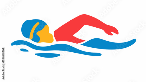 Bold freestyle swimmer silhouette moving through stylized blue waves, capturing endurance, motion and aquatic competition in a modern sports illustration.