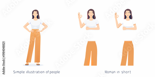 Illustration of a woman displaying different hand gestures and clothing items
