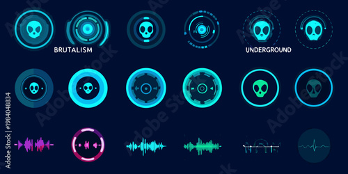 Futuristic skull and alien icons with vibrant neon and digital elements