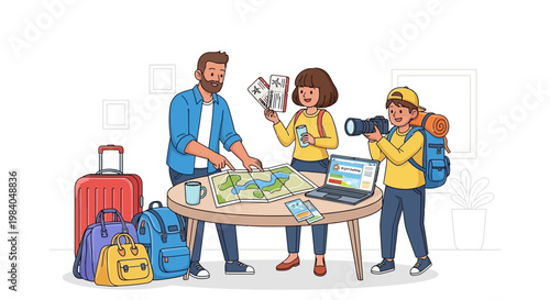 Family planning a vacation, looking at map with luggage and camera