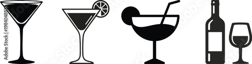 Cocktails set. Alcoholic cocktails icons. Martini cocktail. Set includes martini, mojito, whiskey, wine. Drink glass sign. Icons set for restaurant, pub, bar. Vector illustration