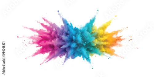 A vibrant and dynamic explosion of colored powder particles captured against a plain white background