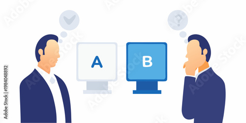 Two men contemplate choosing between option a and option b presented on screens