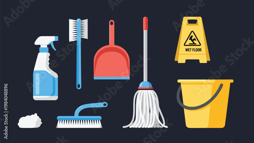 Collection of essential cleaning supplies such as a spray bottle mop bucket dustpan and wet floor sign are arranged as icons.