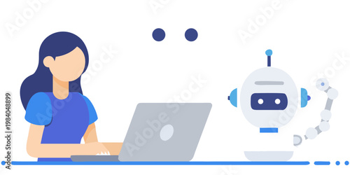 Woman interacting with a robotic assistant while working on a laptop