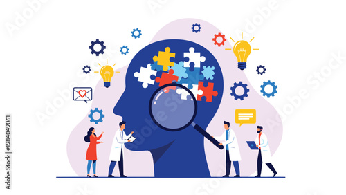 Group of doctors analyzing a giant human head silhouette filled with puzzle pieces using a large magnifying glass.