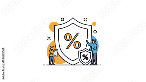 Two people standing next to a large shield with a percentage symbol representing financial protection and insurance security.