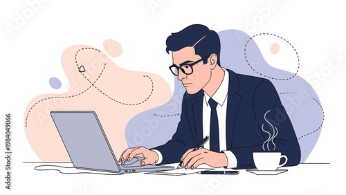 Businessman in a suit and glasses focused on working with a laptop and taking notes with a cup of hot coffee nearby.