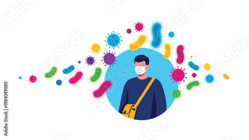 Man wearing a face mask surrounded by various colorful virus and bacteria icons symbolizing protection against infections.