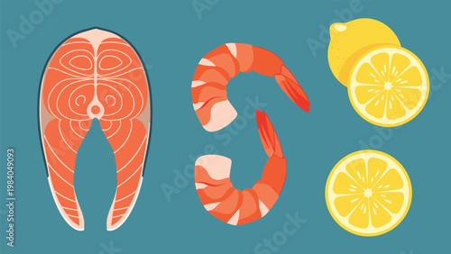 Assorted seafood and citrus ingredients featuring a salmon steak, two fresh shrimp, and slices of lemon on a blue background.