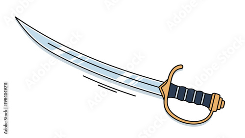 Sharp curved scimitar sword with a golden guard and a black handle displayed against a white background.