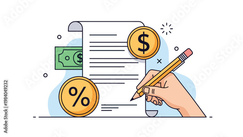 Hand signing a financial document with a pencil surrounded by dollar coins, paper money, and percentage symbols.