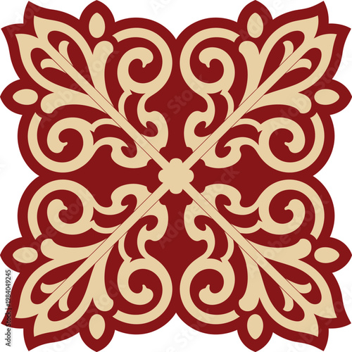 Gold with red gothic ornament, medieval cathedral inspired pattern, rich ornamental detailing influenced by European church architecture, featuring ornate filigree, stained-glass style geometry