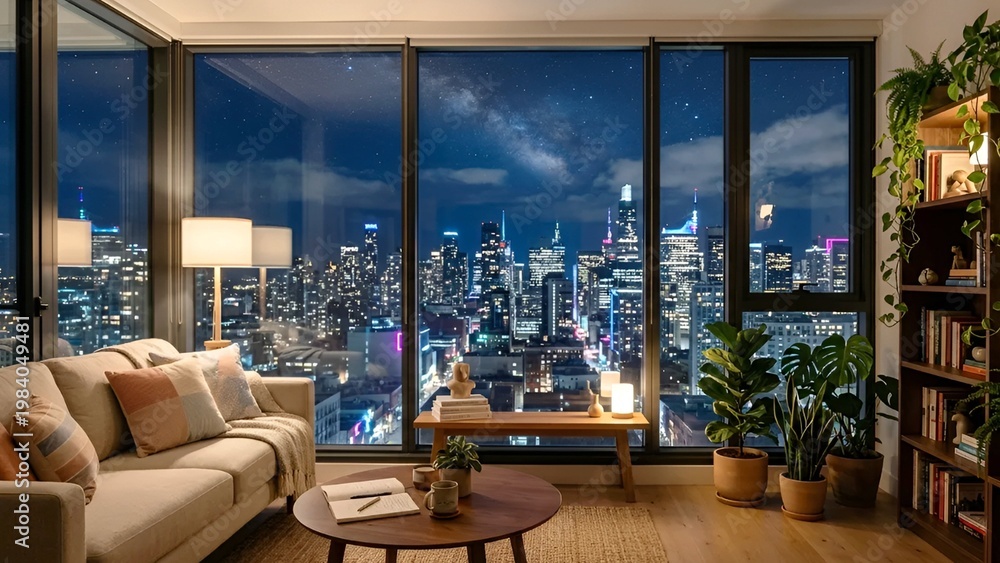 Fototapeta premium A cozy modern apartment interior at night