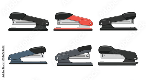 A collection of six different colored office staplers displayed on white