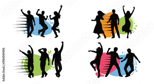 Silhouettes of people dancing and celebrating with joyful energy