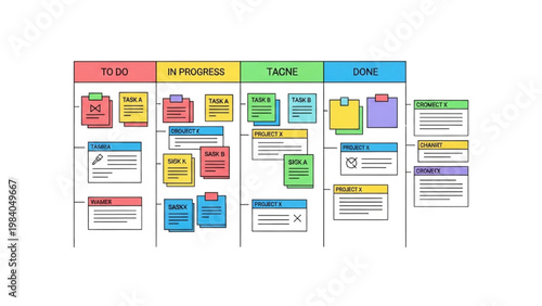 Kanban Board Workflow Icon Set, Agile Project Management Symbols, Colorful Sticky Notes and Task Card Vector Icons for Lean Productivity and Business