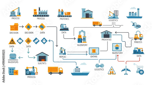 Value Stream Mapping VSM Icon Set, Lean Manufacturing Process Symbols, Colorful Vector Icons for Supply Chain Logistics and Industrial Data Flow Map