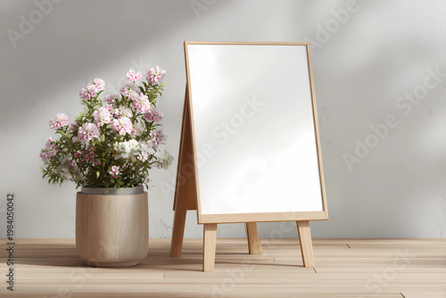 A blank white canvas on an easel next to a vase with pink flowers on a wooden table