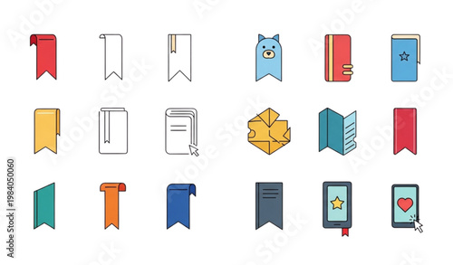A set of colorful bookmarks and icons for digital and physical reading